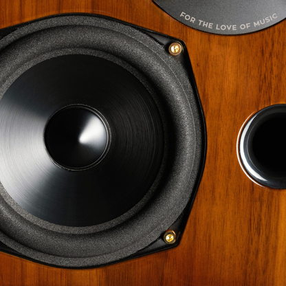 Close up of gloss walnutAcoustic Energy AE2 40th Anniversary Bookshelf Speaker
