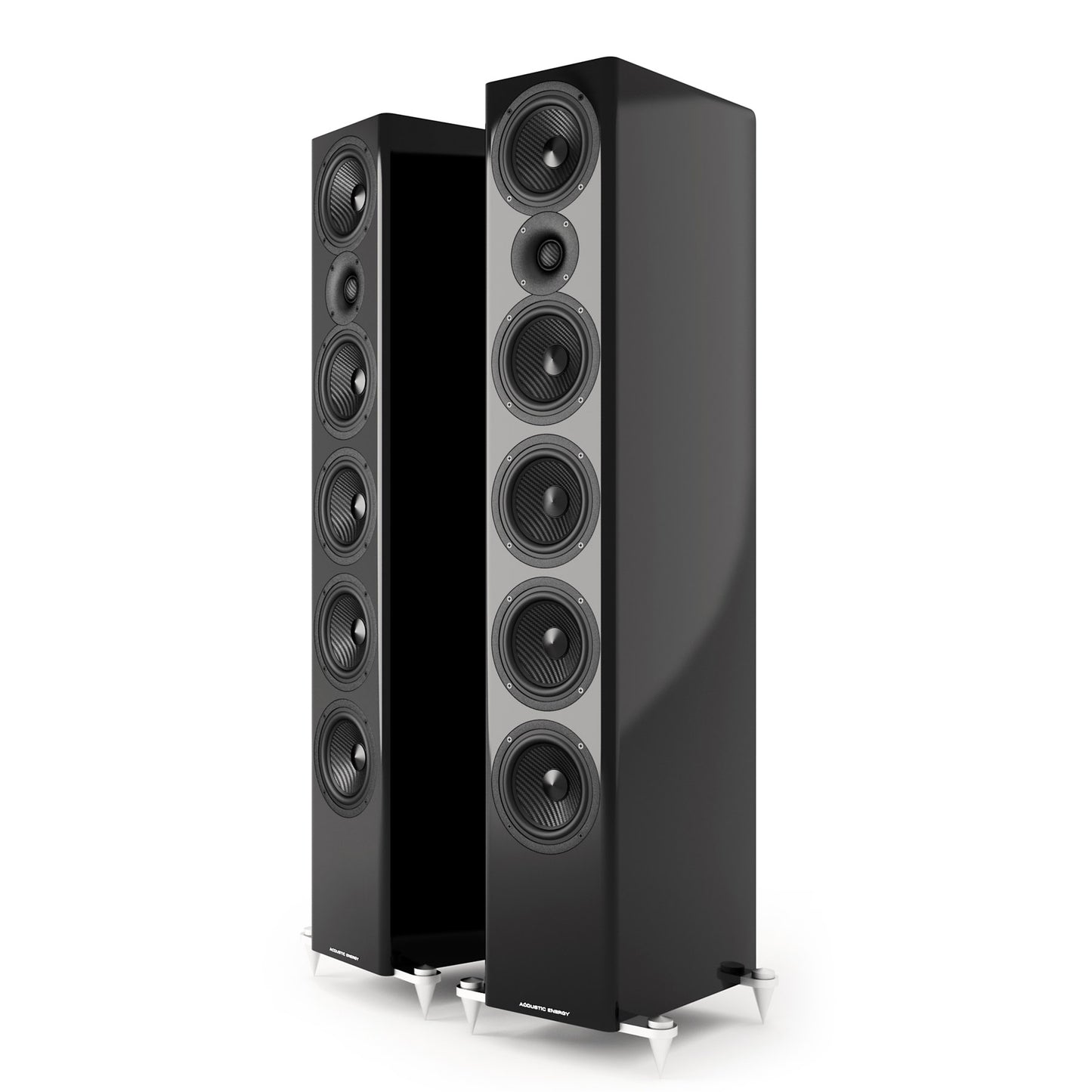 Front view of black Acoustic Energy AE520 Floorstanding Speakers with grilles off