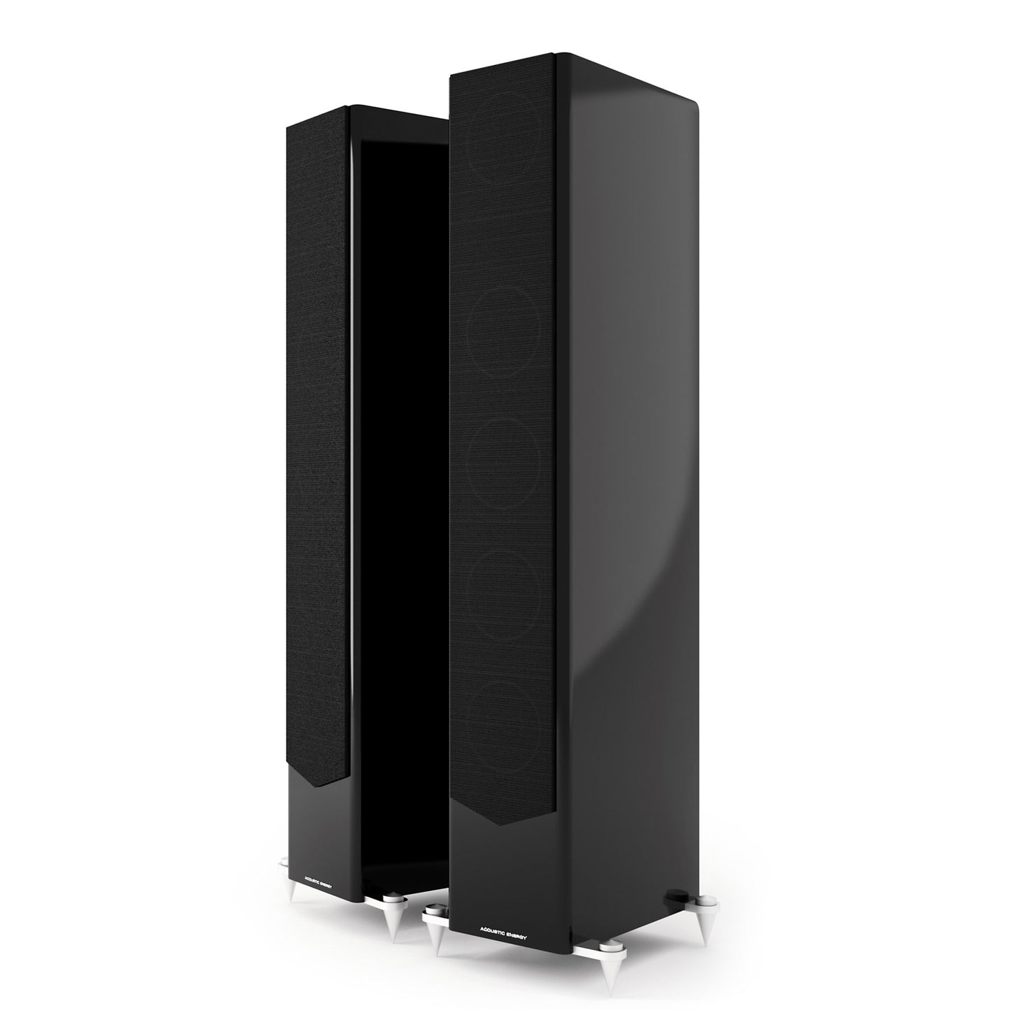 Front angle of black Acoustic Energy AE520 Floorstanding Speakers with grilles on