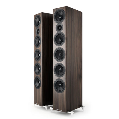 Front view of walnut Acoustic Energy AE520 Floorstanding Speakers with grilles off