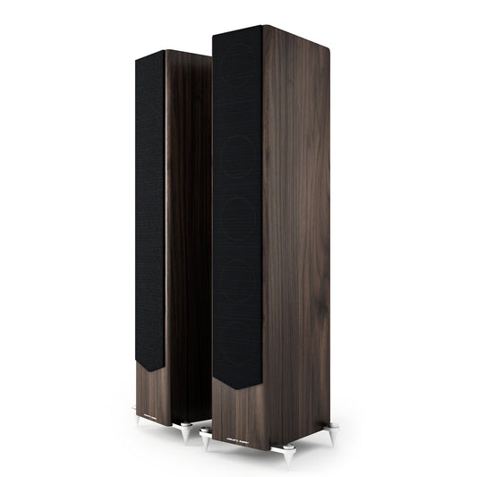 Front view of walnut Acoustic Energy AE520 Floorstanding Speakers with grilles on