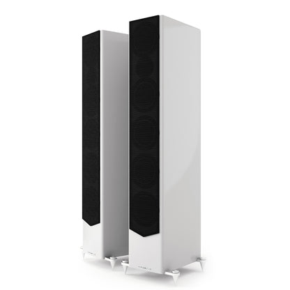 Front of white Acoustic Energy AE520 Floorstanding Speakers with grilles on