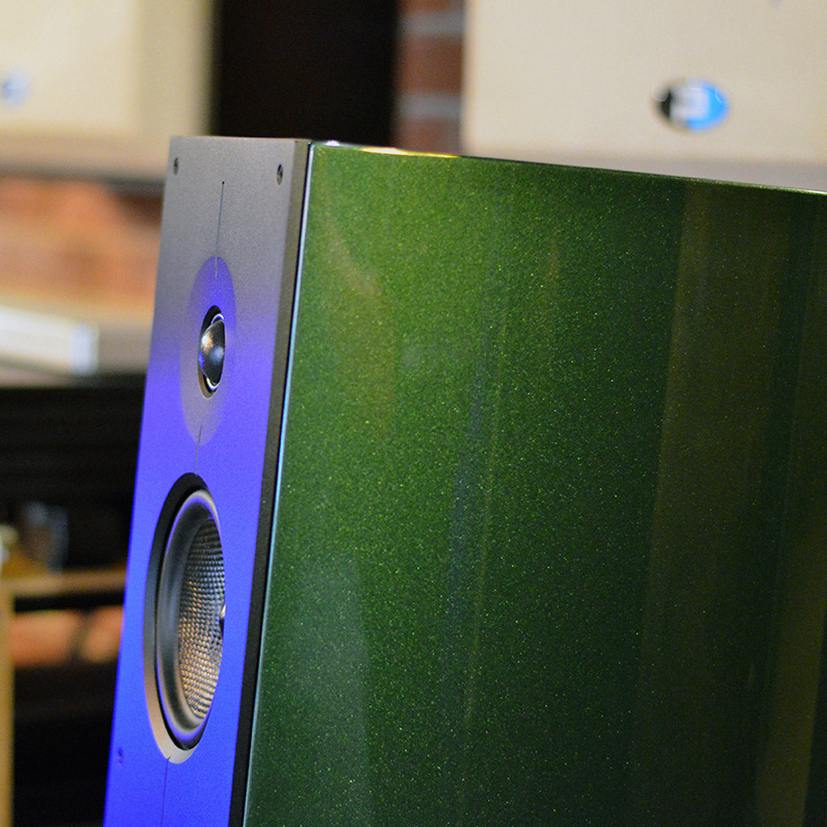 Close up of green Acoustic Energy Corinium Speaker