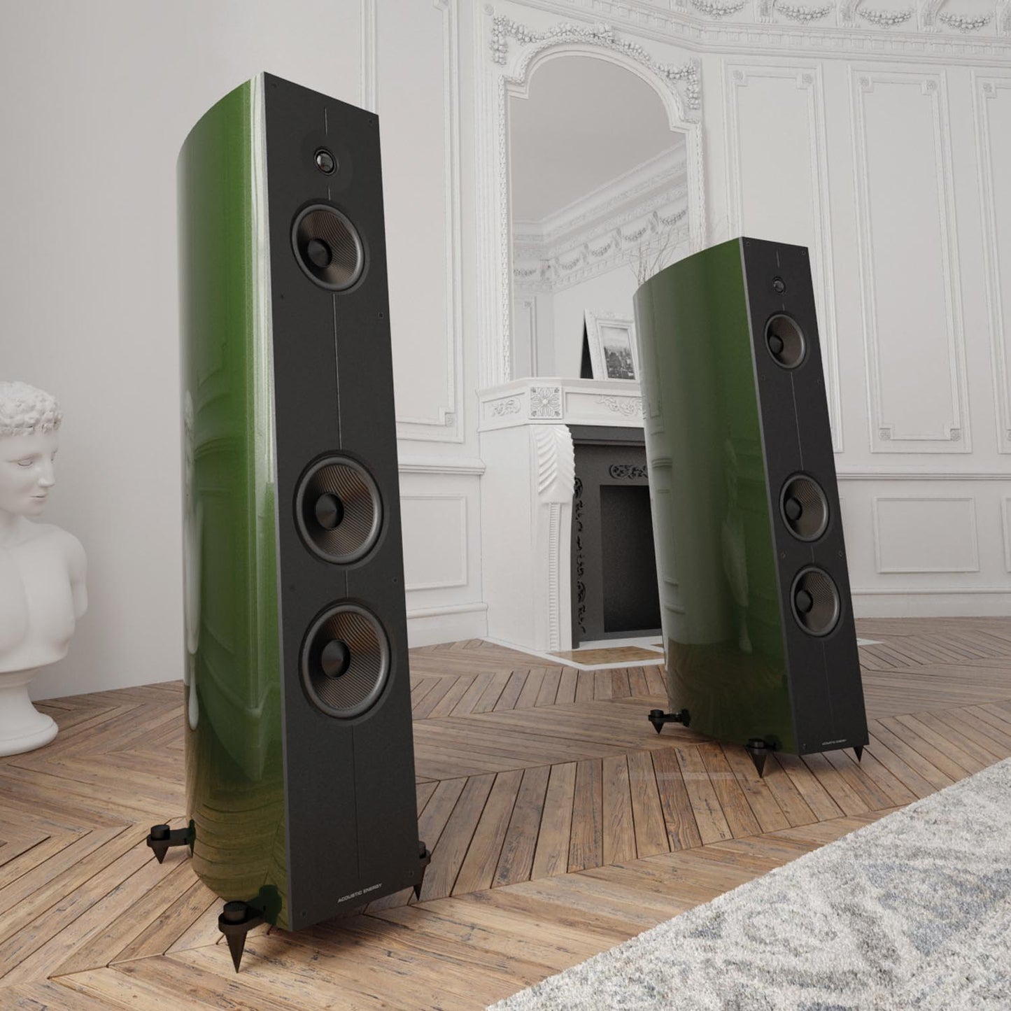 Pair of Racing Green Acoustic Energy Corinium Speakers in room with timber floors