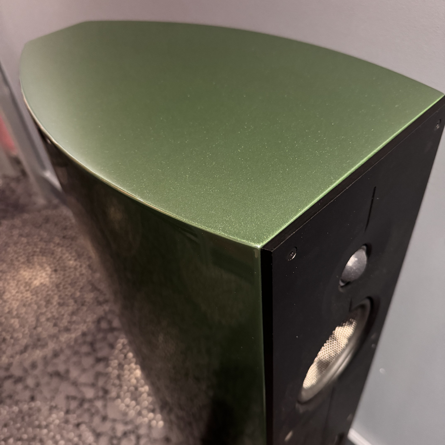 Close up of Acoustic Energy Corinium Floorstanding Speakers in green