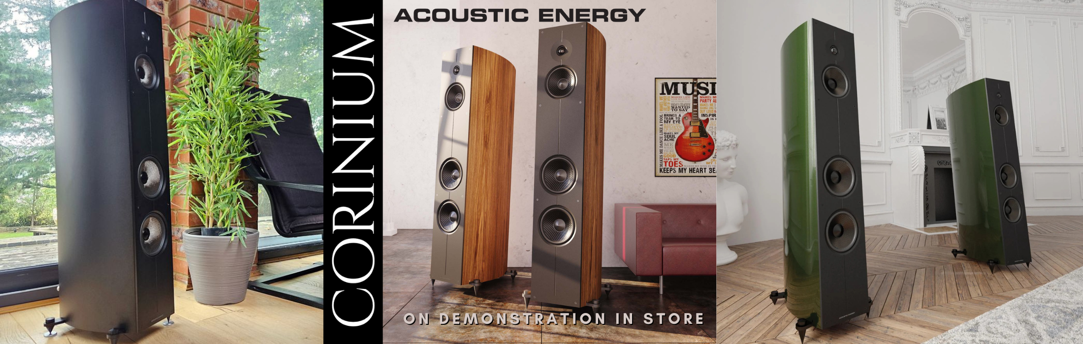 Corinium acoustic energy speakers with a living room background