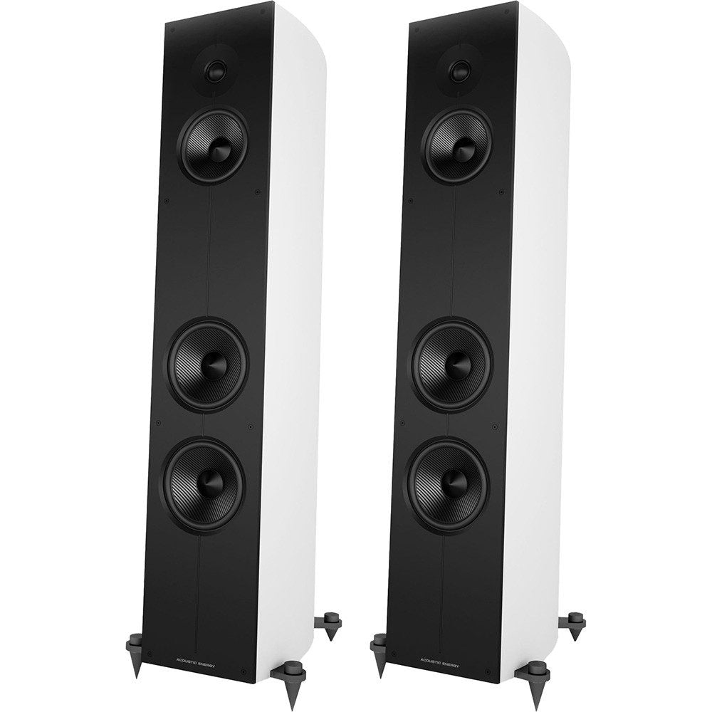 White Acoustic Energy Corinium Speakers on white background