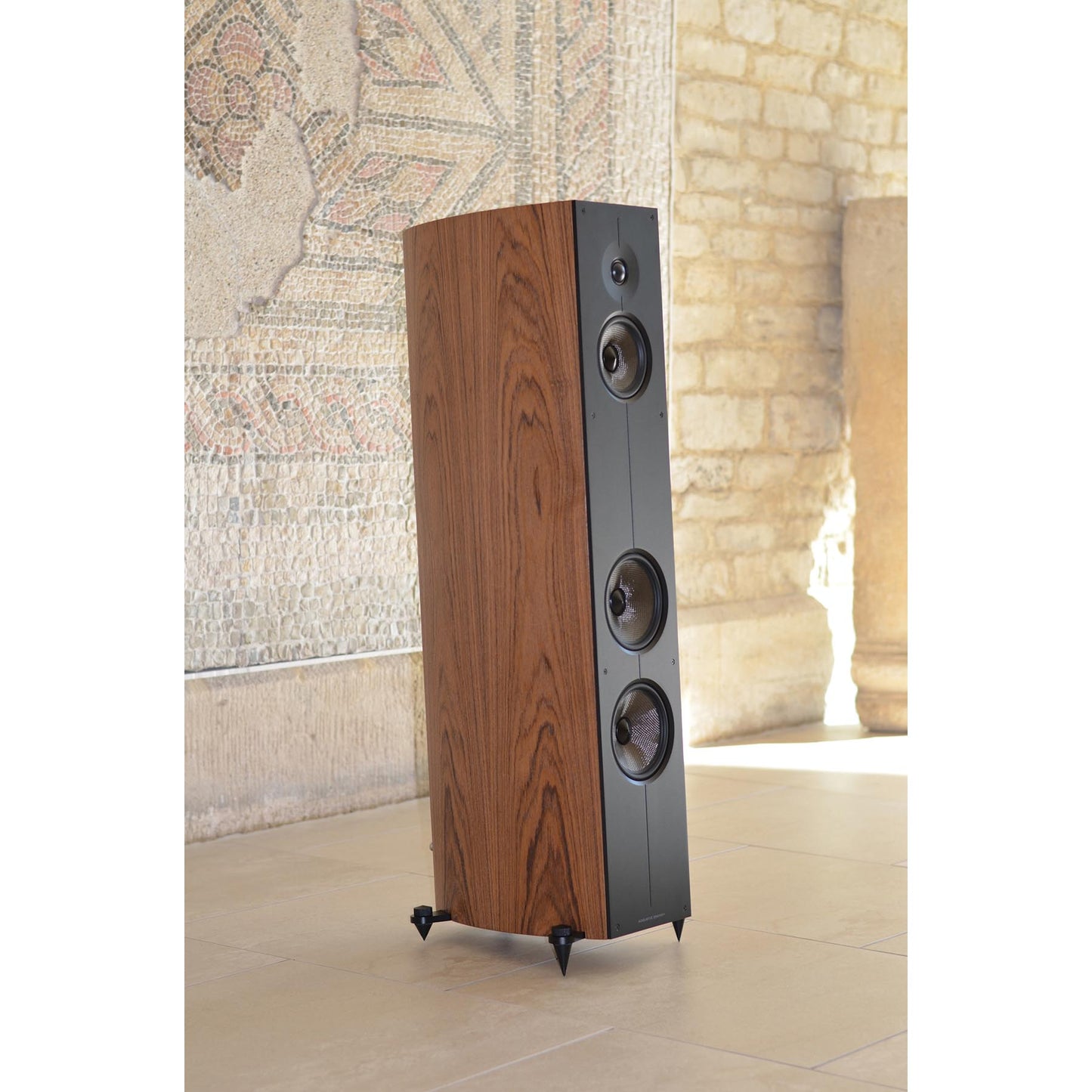 Wooden floor-standing speaker against a stone wall and map background