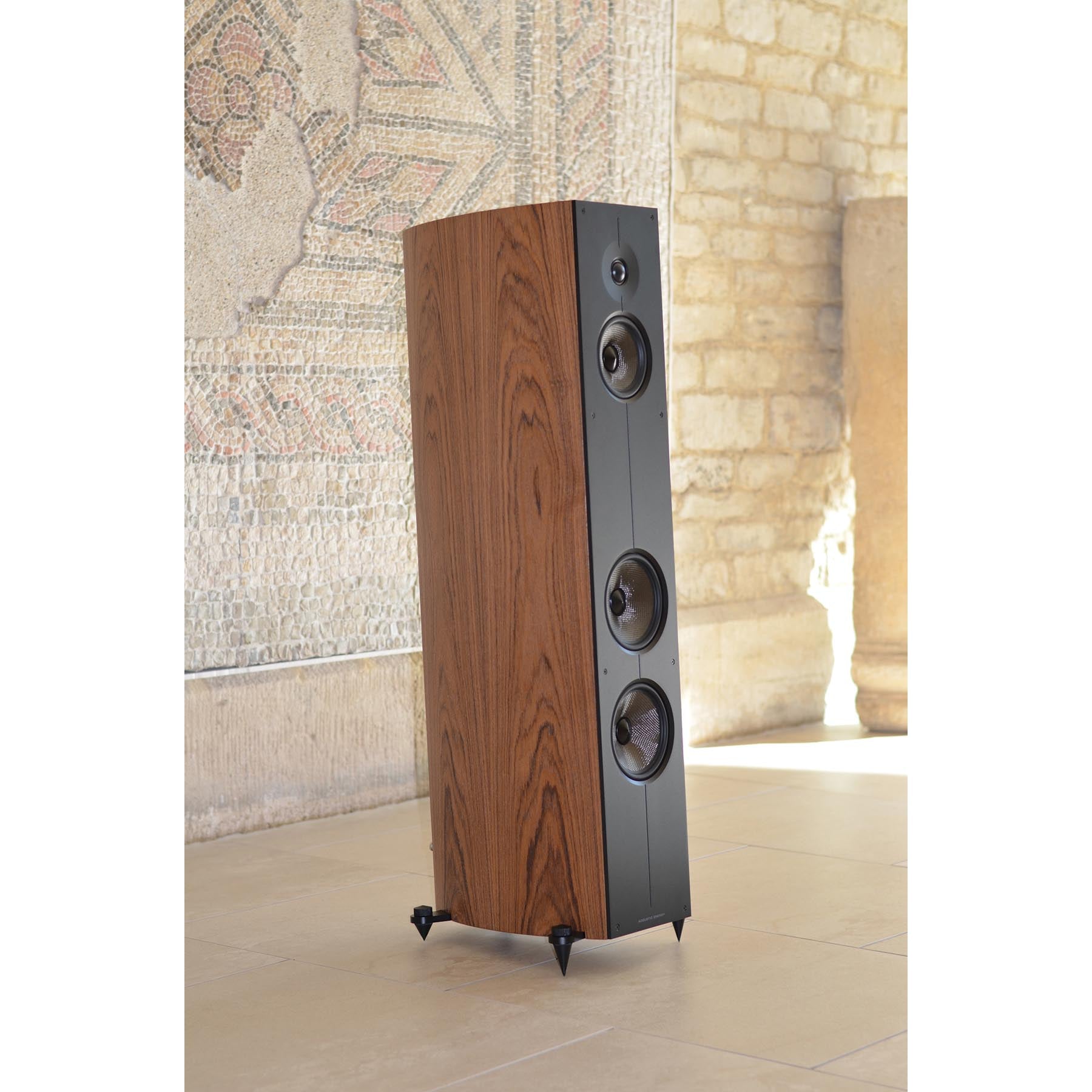 Wooden floor-standing speaker against a stone wall and map background