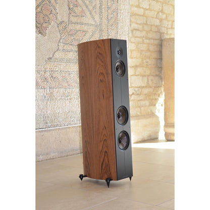 Wooden floor-standing speaker against a stone wall and map background