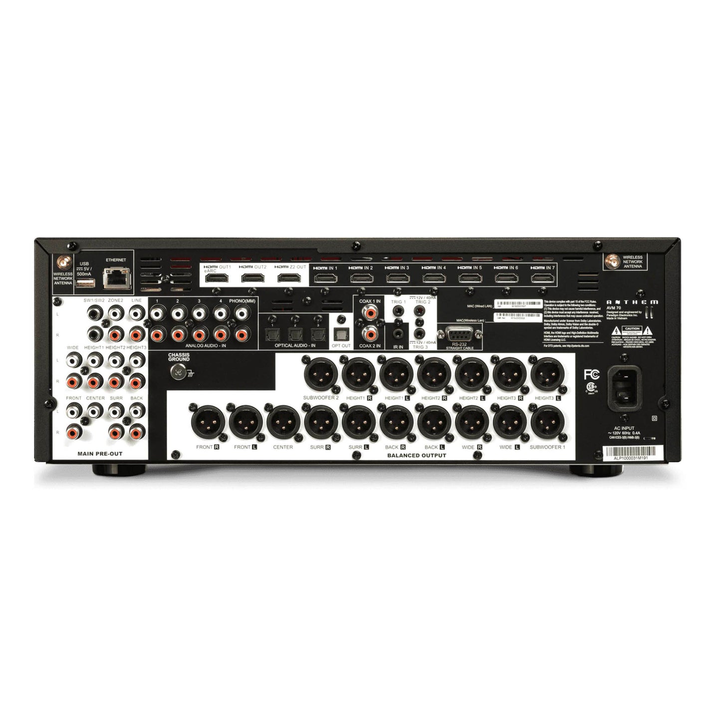 Back view of a Anthem AVM 70 8K Preamp/Processor with various connectors and controls on a white background
