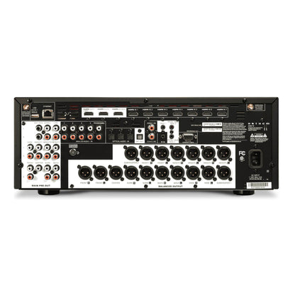 Back view of a Anthem AVM 70 8K Preamp/Processor with various connectors and controls on a white background