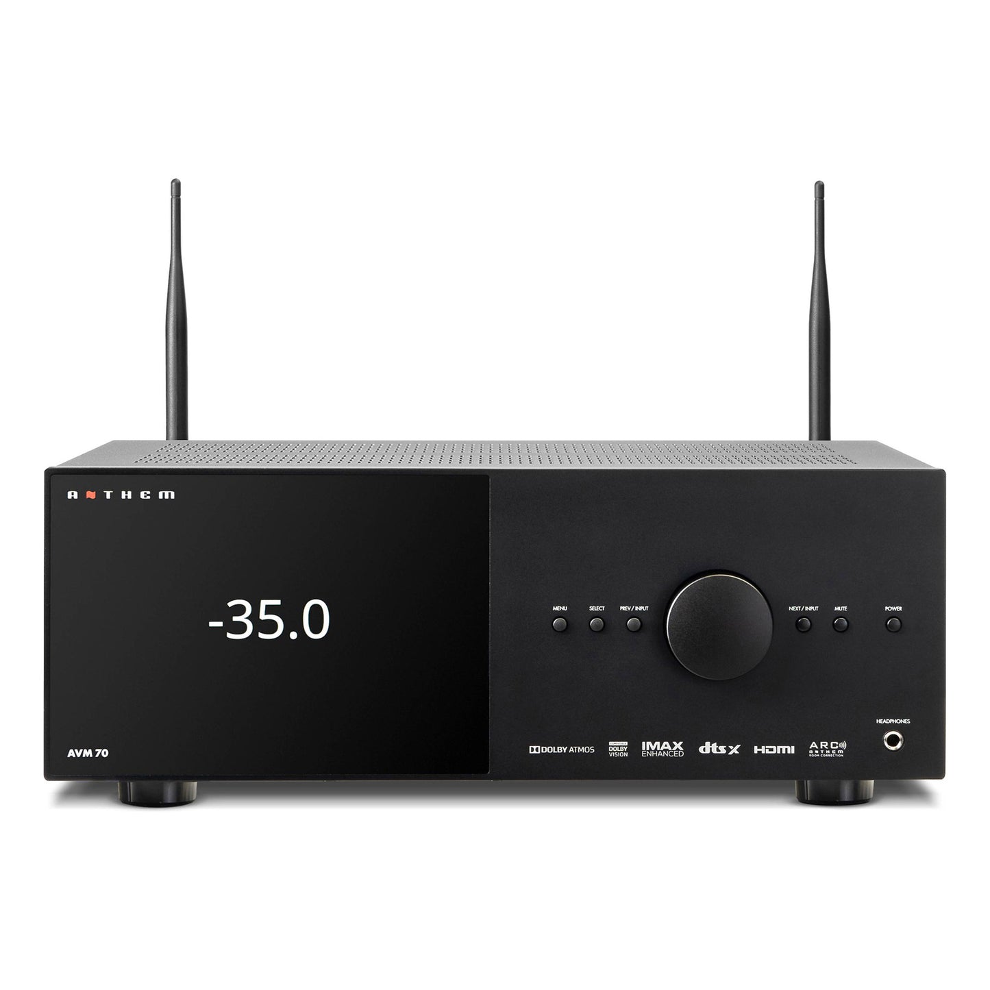 Front view of Anthem AVM 70 8K Preamp/Processor with antennas up
