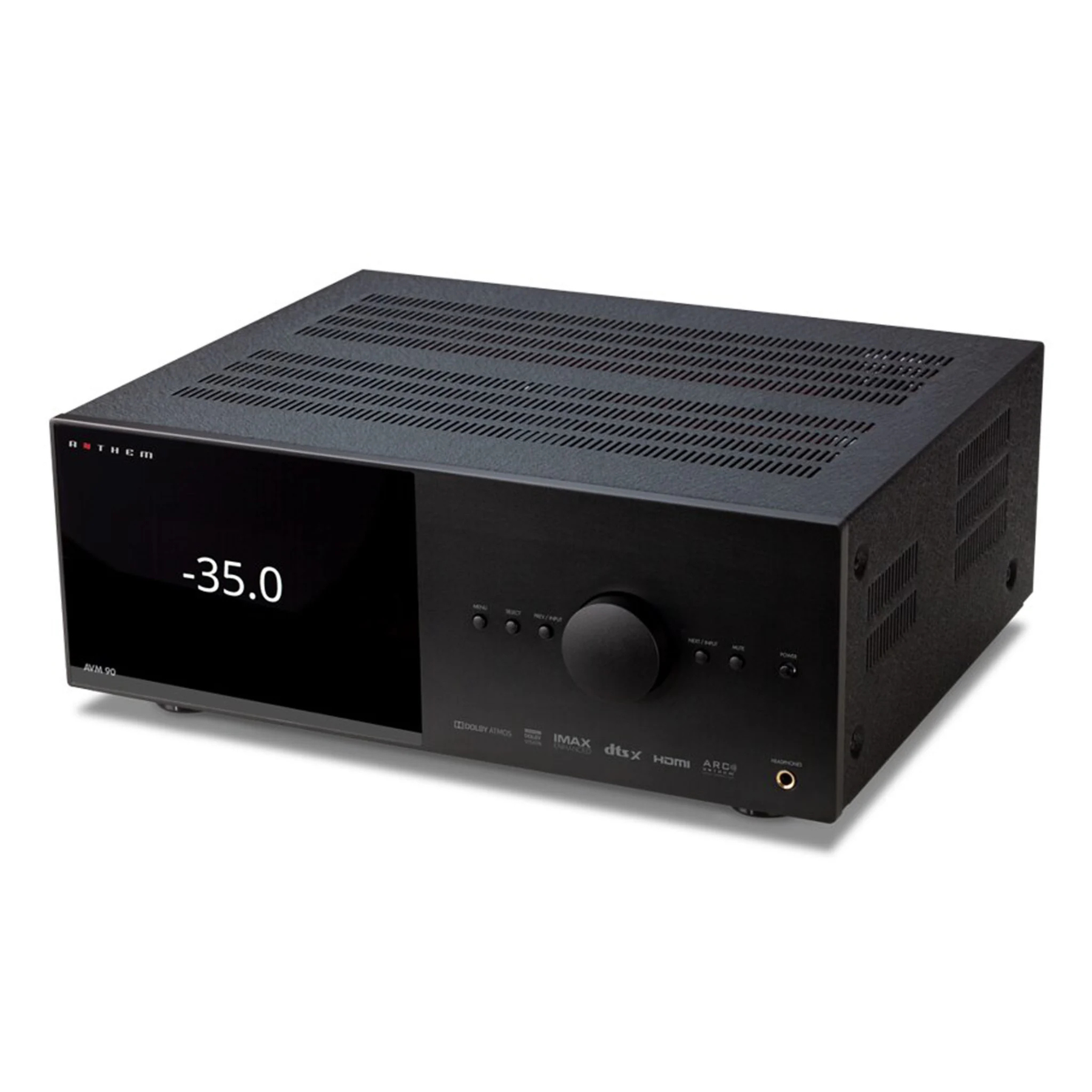 Top angle of Anthem AVM 90 Preamp/Processor on white background