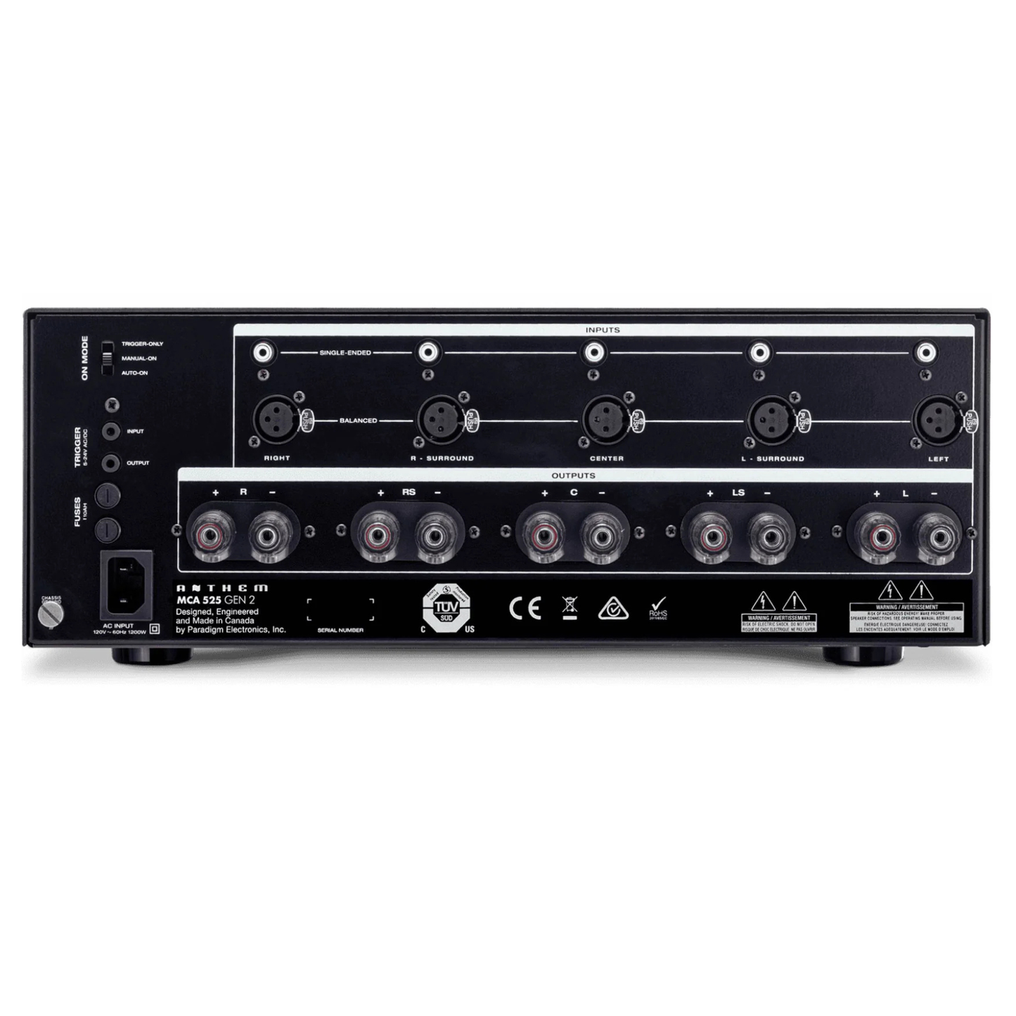 Back view of Anthem MCA 525 Gen 2 Power Amplifier on white background