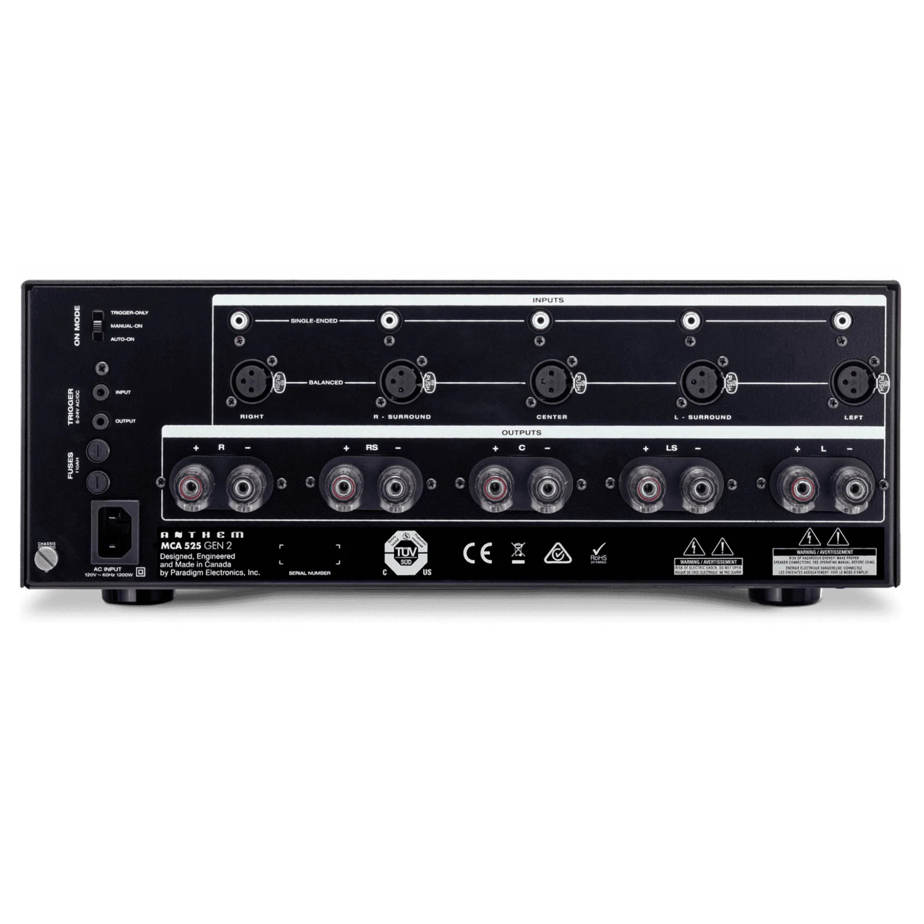 Back view of Anthem MCA 525 Gen 2 Power Amplifier on white background