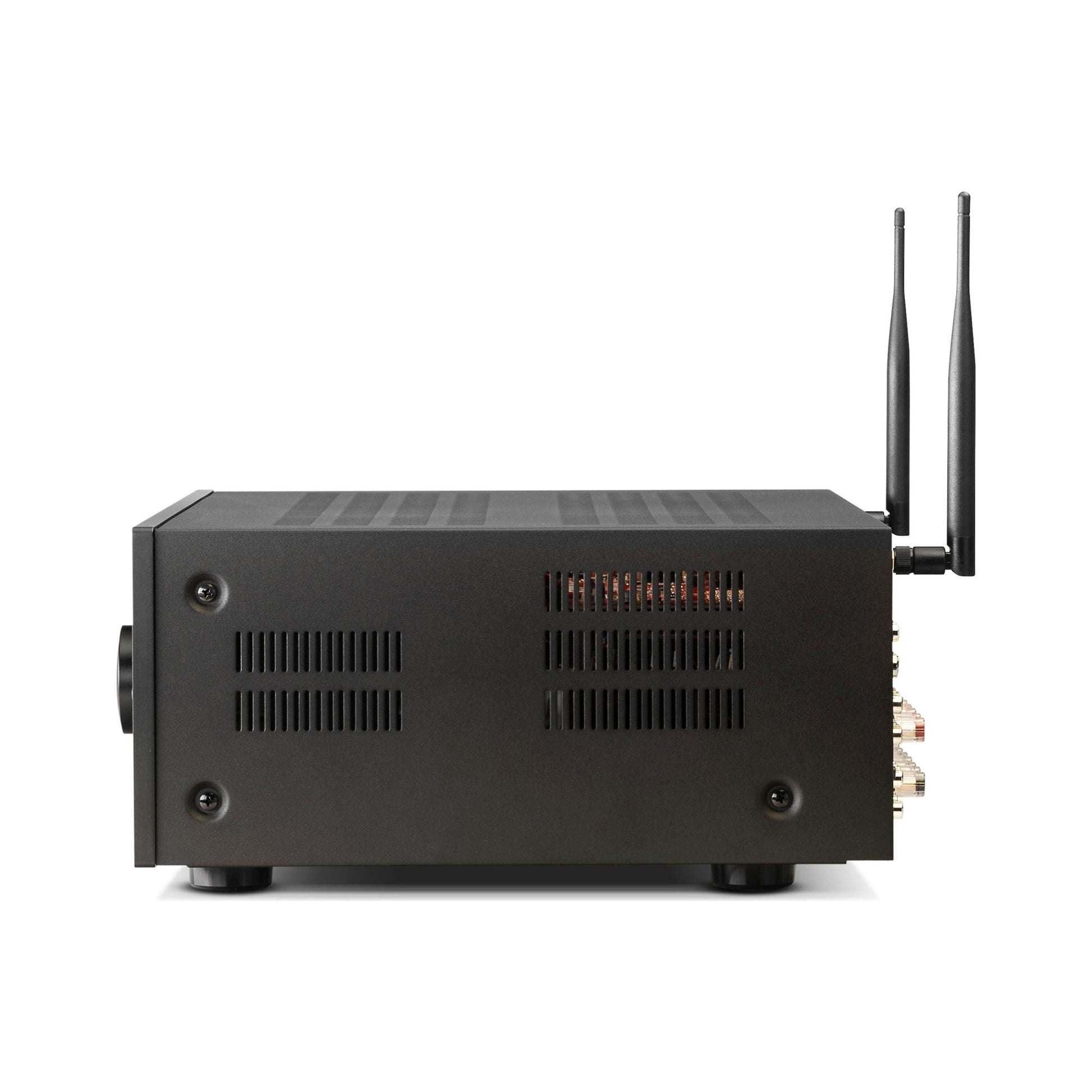 Side view of Anthem MRX 1140 8K Home Theatre Receiver with antennas up