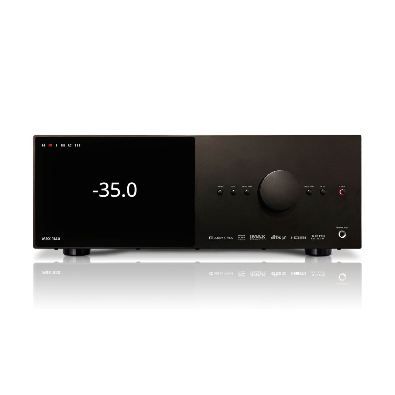 The image shows a front view of the Anthem MRX 1140 8K Home Theatre Receiver, displaying its black exterior with a digital display and control buttons.
