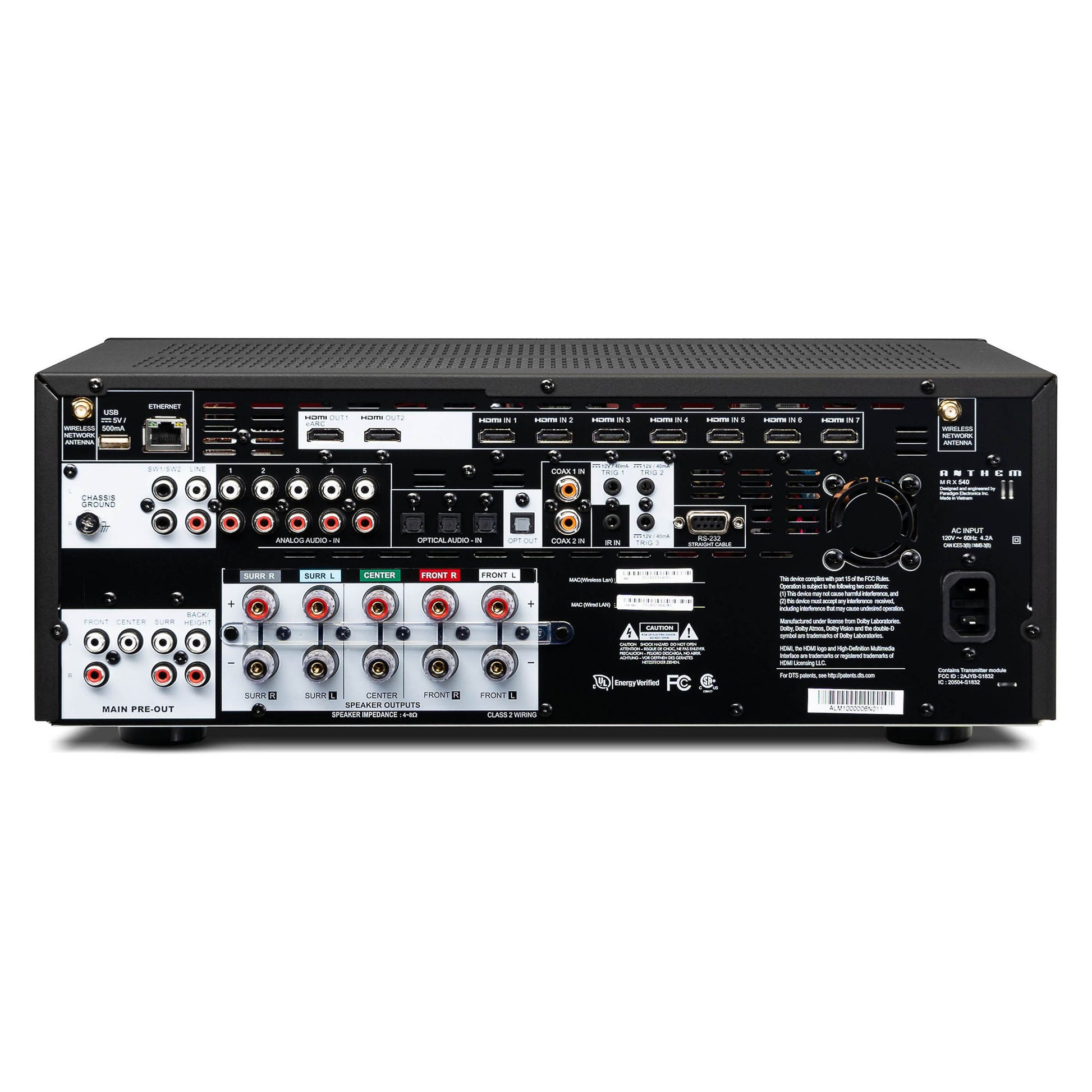 Back view of Anthem MRX 540 8K Home Theatre Receiver on white background