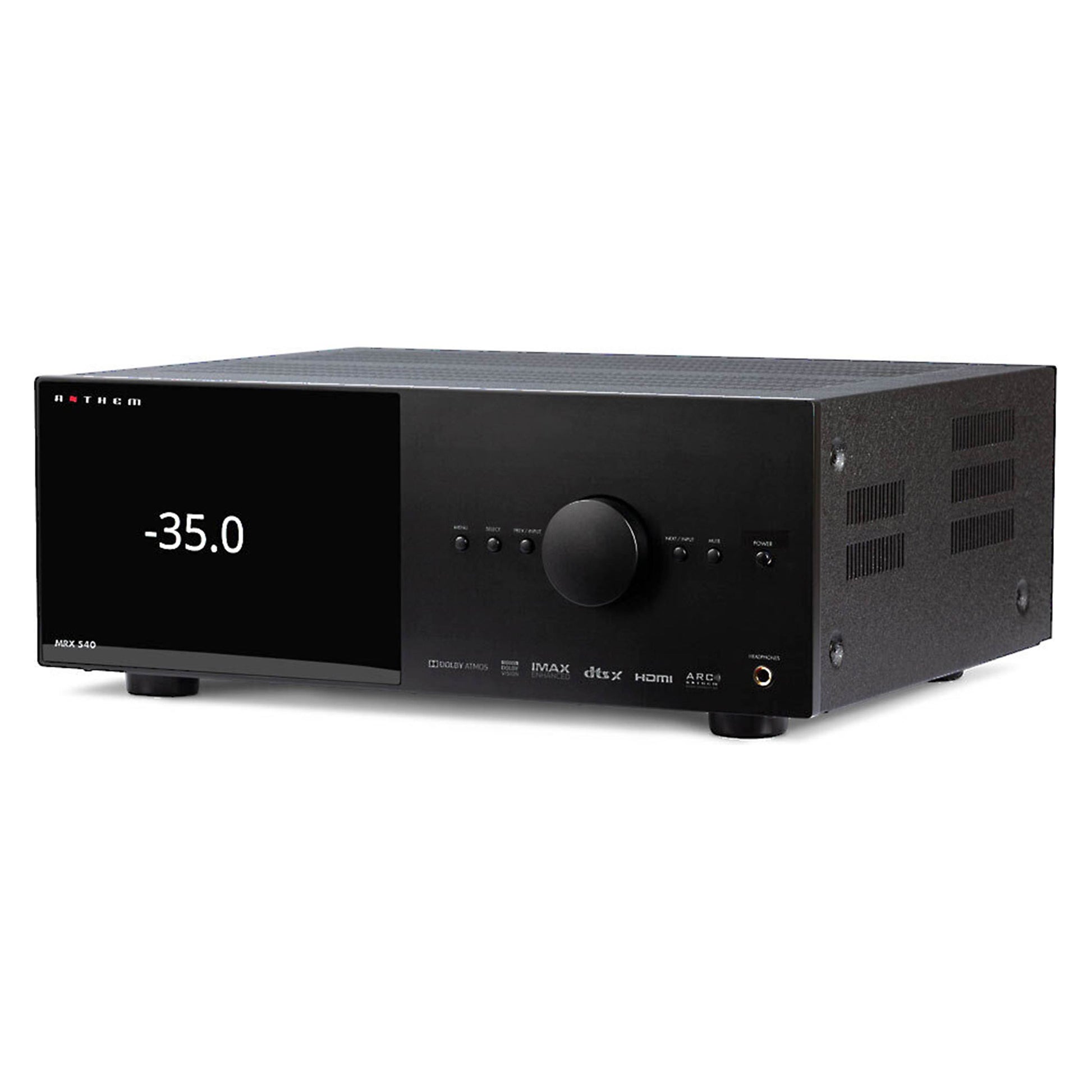 Front angle view of Anthem MRX 540 8K Home Theatre Receiver on white background