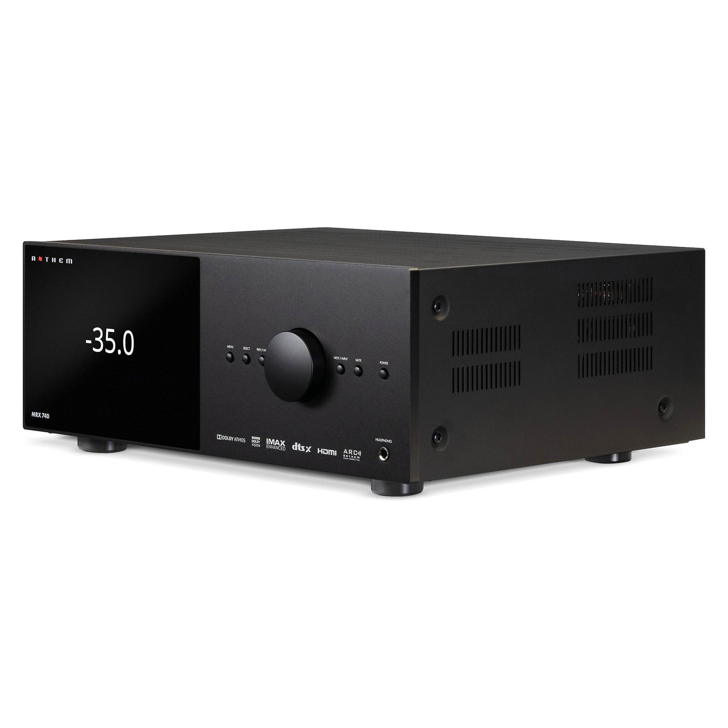 Front angle view of Anthem MRX 740 8K Home Theatre Receiver on white background