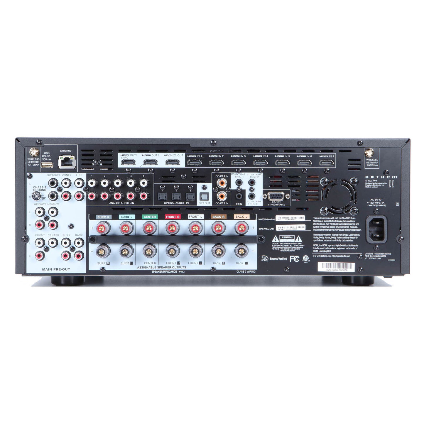 Back panel of Anthem MRX 740 8K Home Theatre Receiver on white background