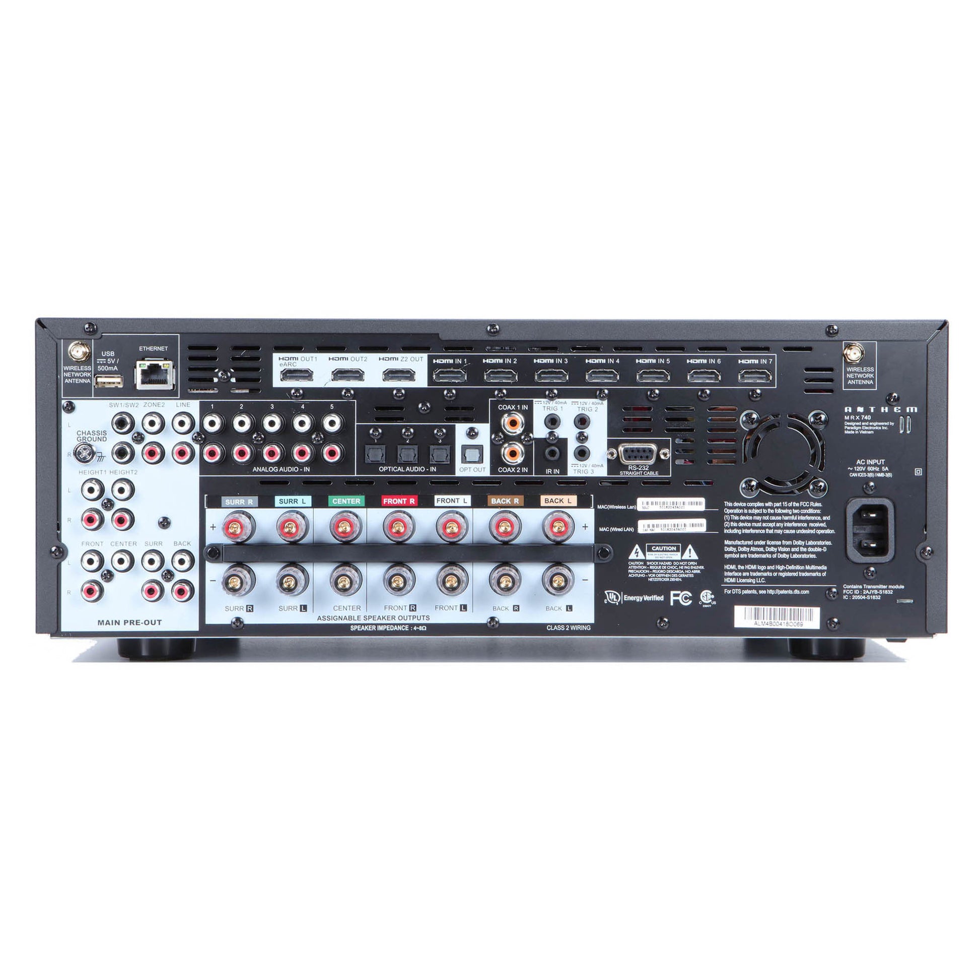 Back panel of Anthem MRX 740 8K Home Theatre Receiver on white background