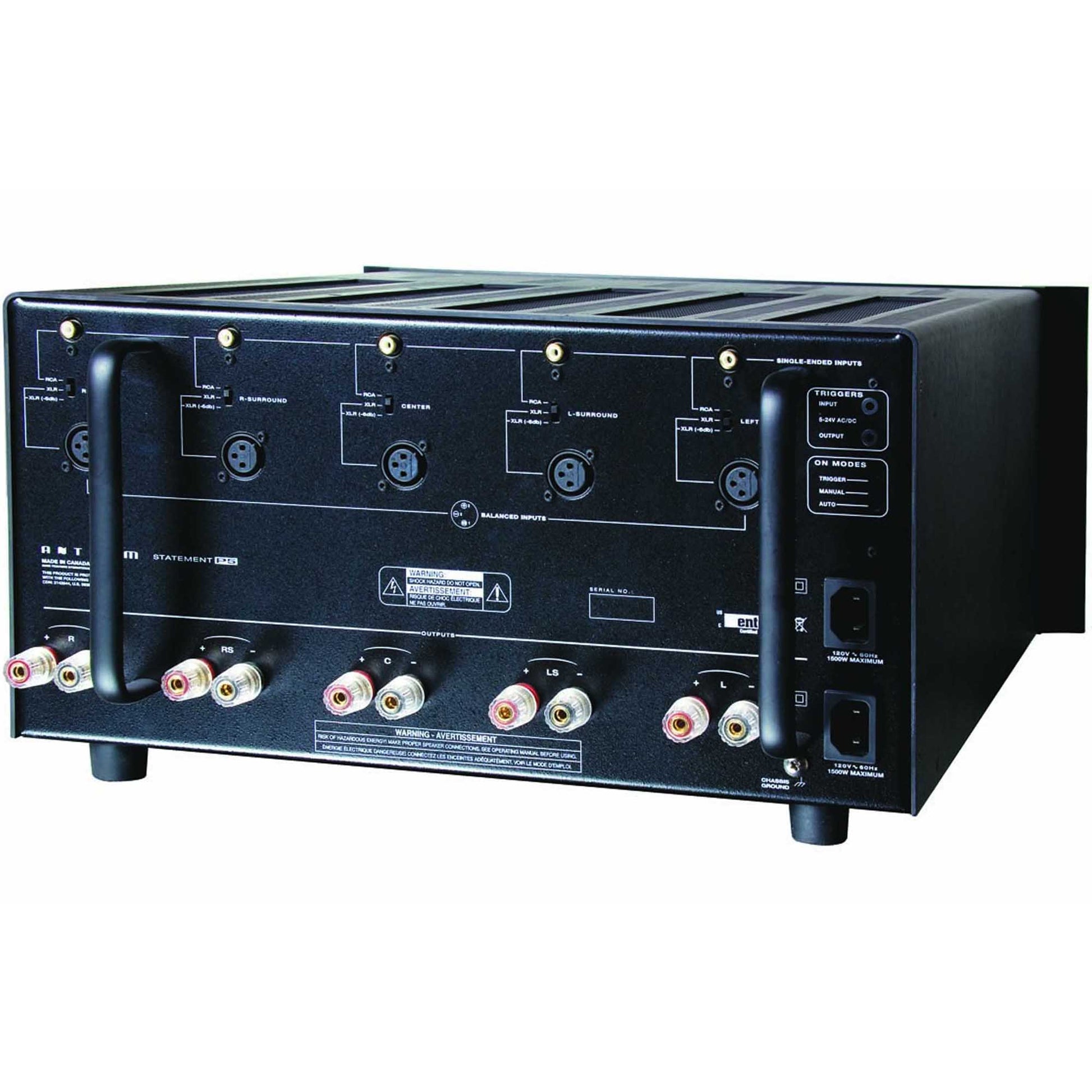Black Anthem Statement P5 Power Amplifier with various connectors on a white background