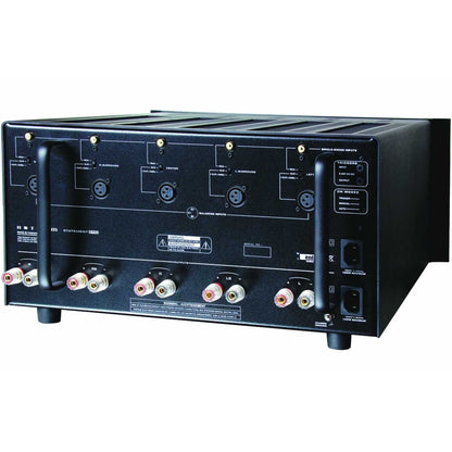 Black Anthem Statement P5 Power Amplifier with various connectors on a white background