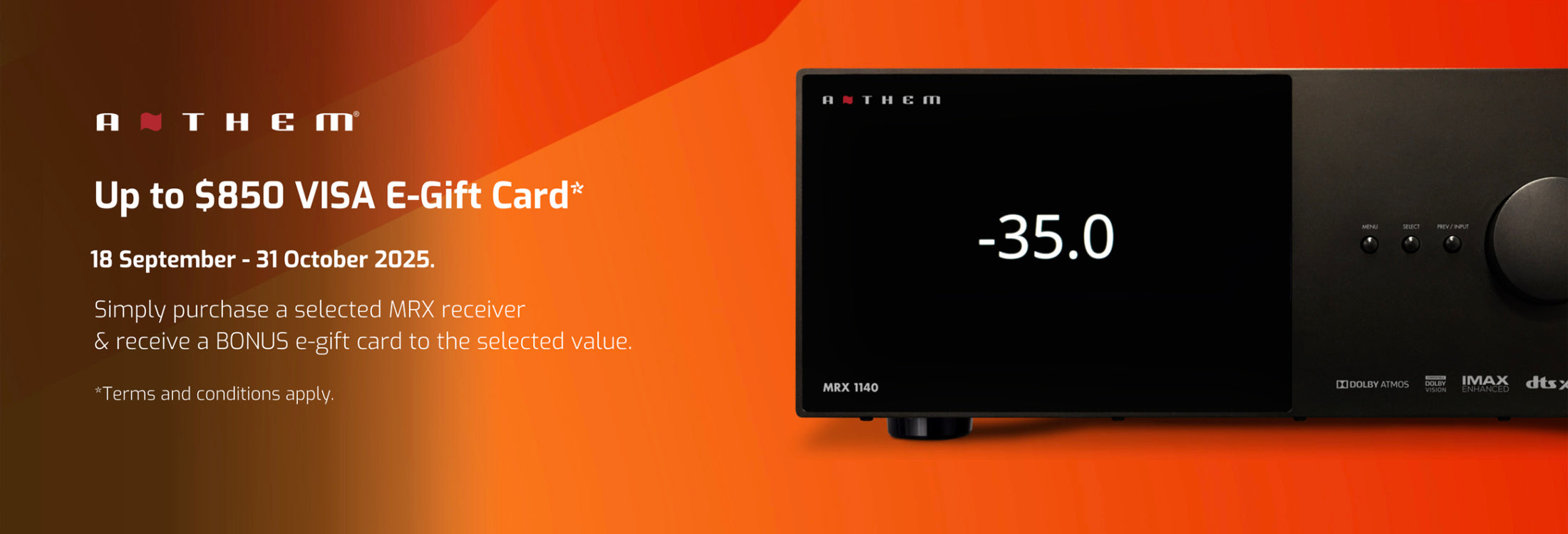 Anthem receiver with a digital display on an orange background, featuring a promotional offer for a VISA e-gift card.