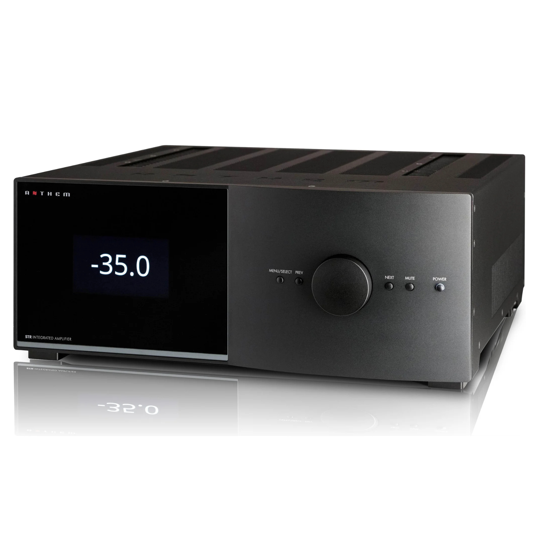 Front angle of Anthem STR Stereo Amplifier in black