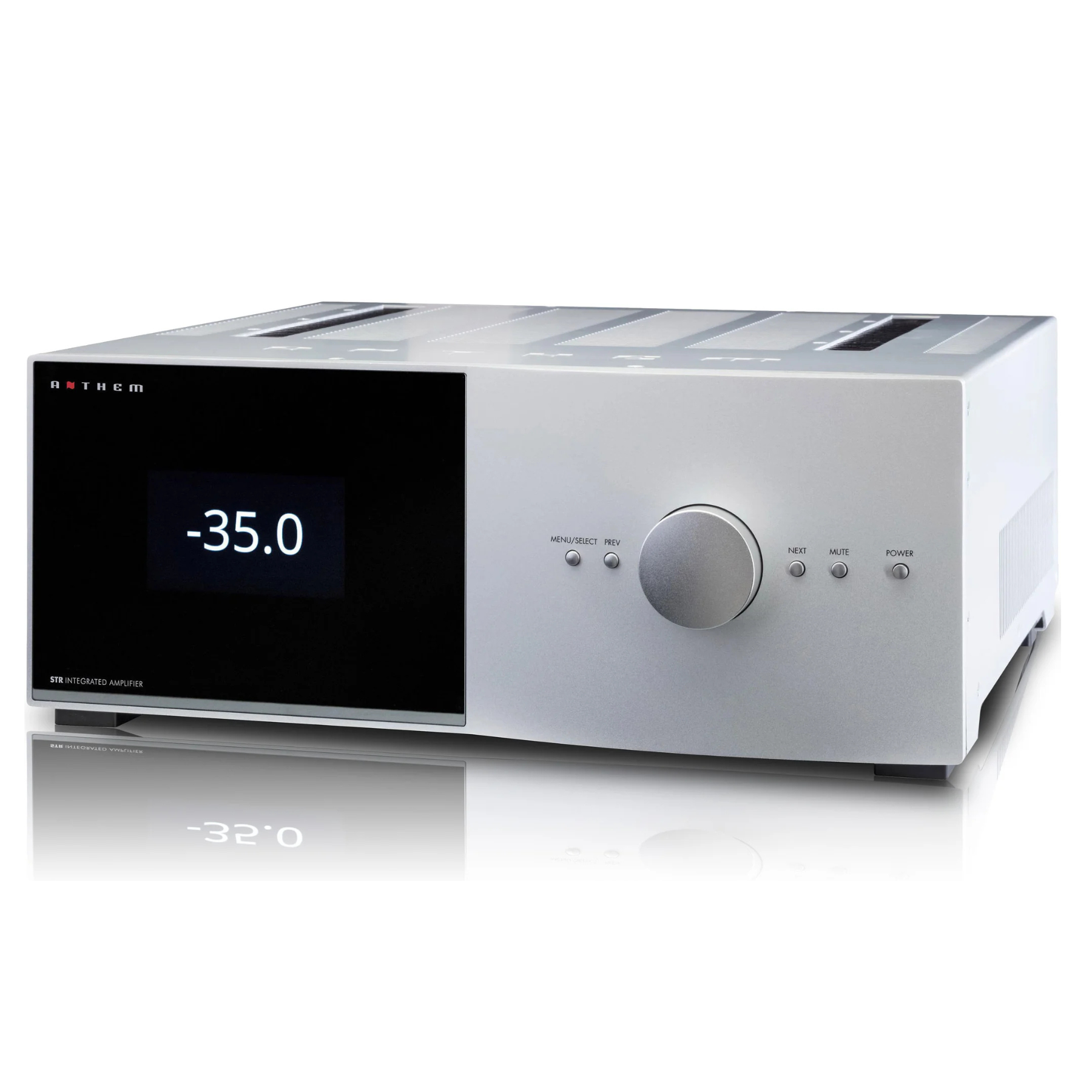 Front angle of silver Anthem STR Stereo Amplifier on white background