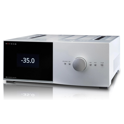 Front angle of silver Anthem STR Stereo Amplifier on white background