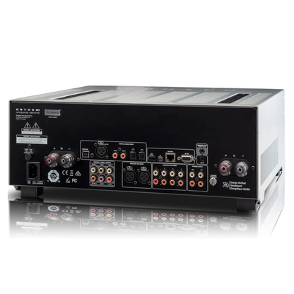 Back view of an audio amplifier with various connectivity ports on a white background