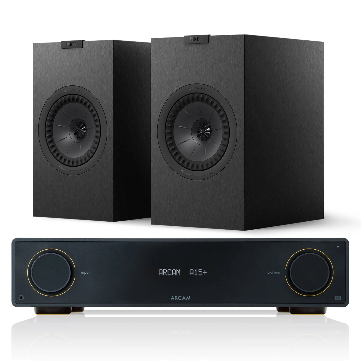 Arcam A15+ Amplifier + KEF Q3 Meta Stereo System with black speakers