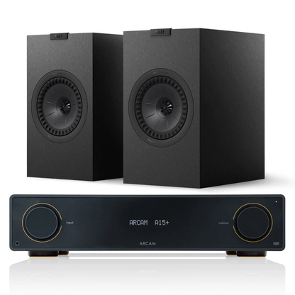 Arcam A15+ Amplifier + KEF Q3 Meta Stereo System with black speakers