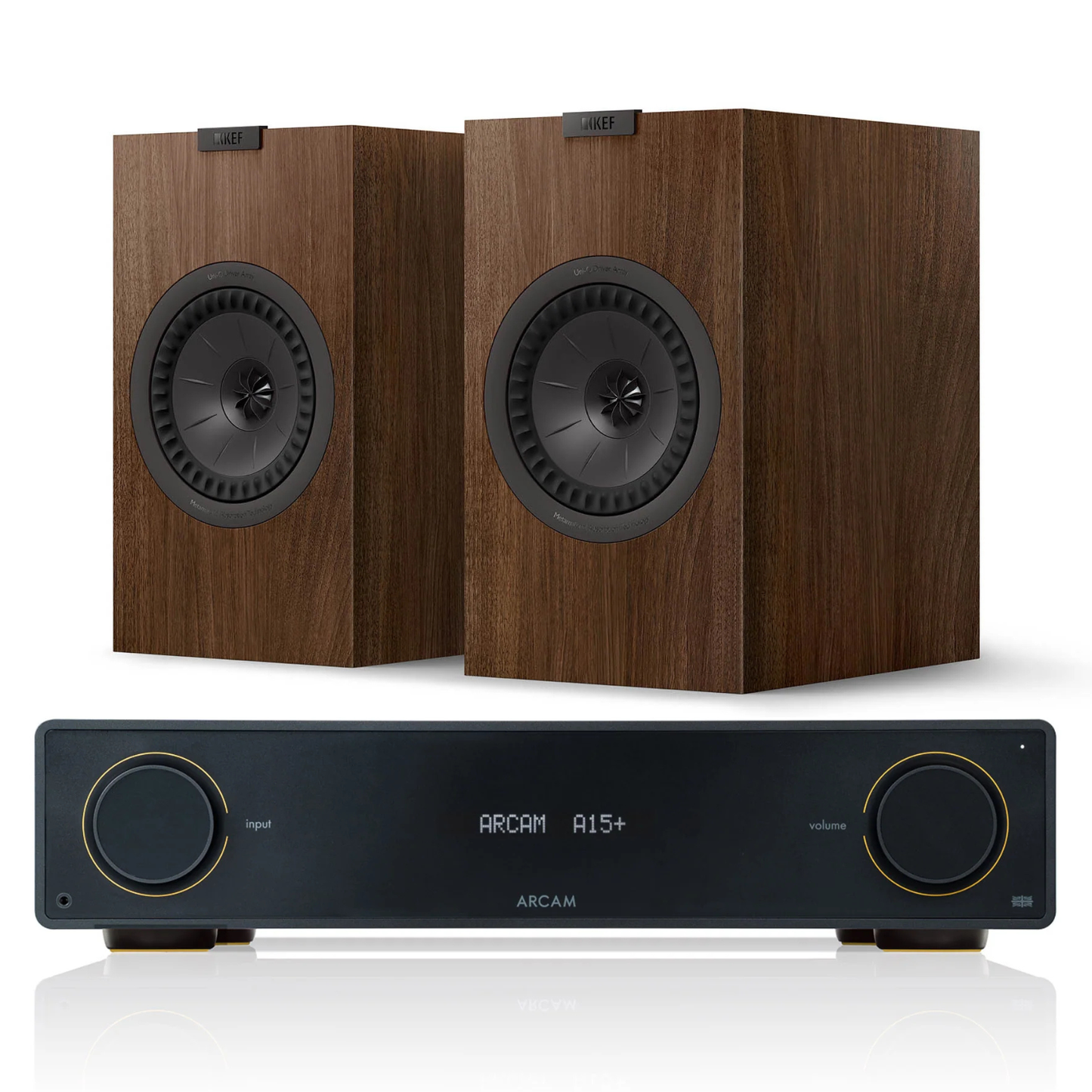 Arcam A15+ Amplifier + KEF Q3 Meta Stereo System with walnut speakers
