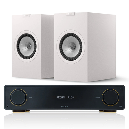 Arcam A15+ Amplifier + KEF Q3 Meta Stereo System with white speakers