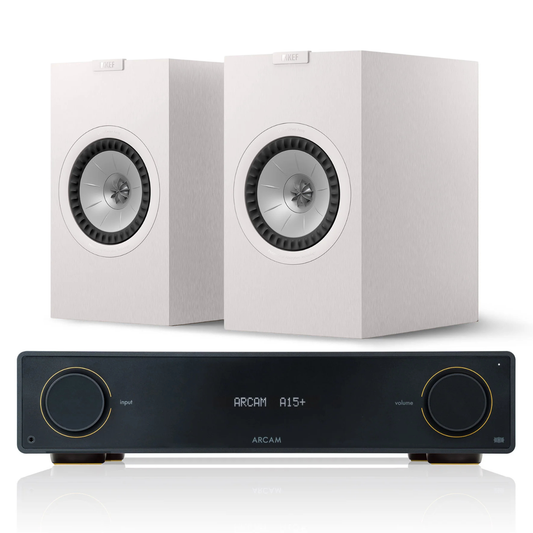 Arcam A15+ Amplifier + KEF Q3 Meta Stereo System with white speakers