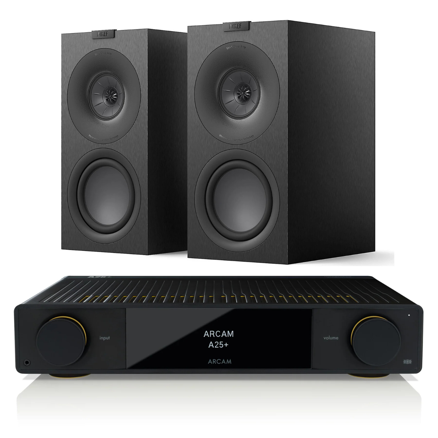 Pair of black speakers with an Arcam amplifier on a white background