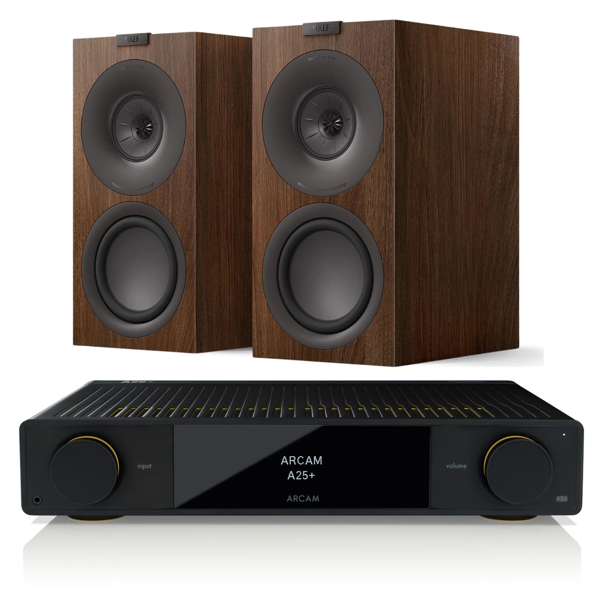 Arcam A25+ Amplifier + KEF Q Concerto Meta Stereo System with walnut speakers