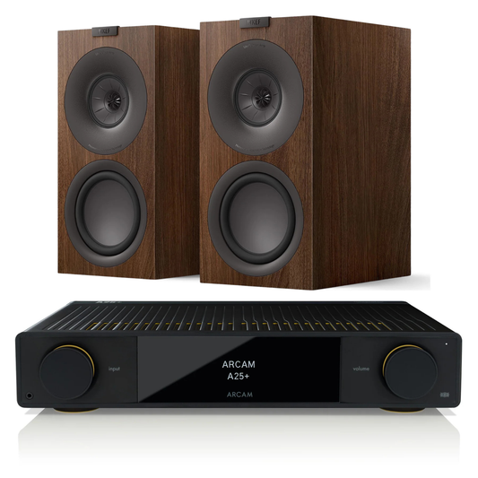 Arcam A25+ Amplifier + KEF Q Concerto Meta Stereo System with walnut speakers