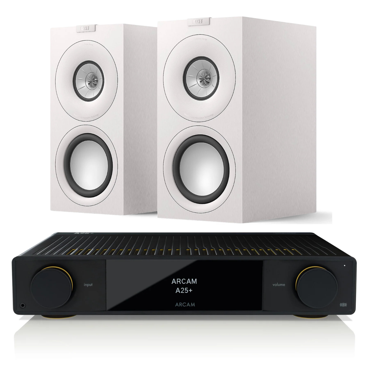 Arcam A25+ Amplifier + KEF Q Concerto Meta Stereo System with white speakers