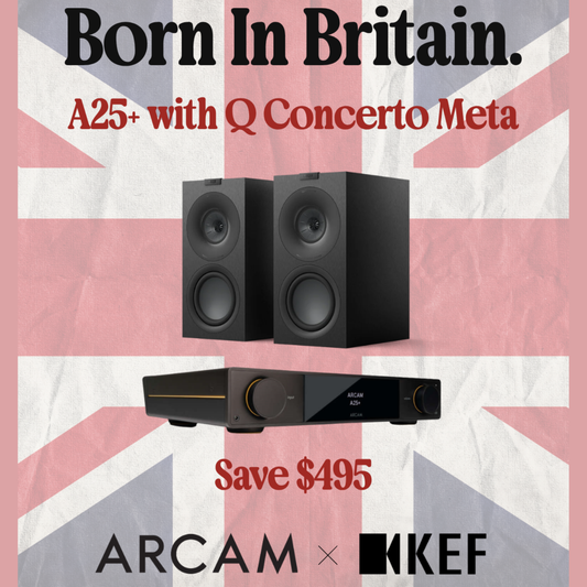 Arcam Born in Britain promo with speakers and amp