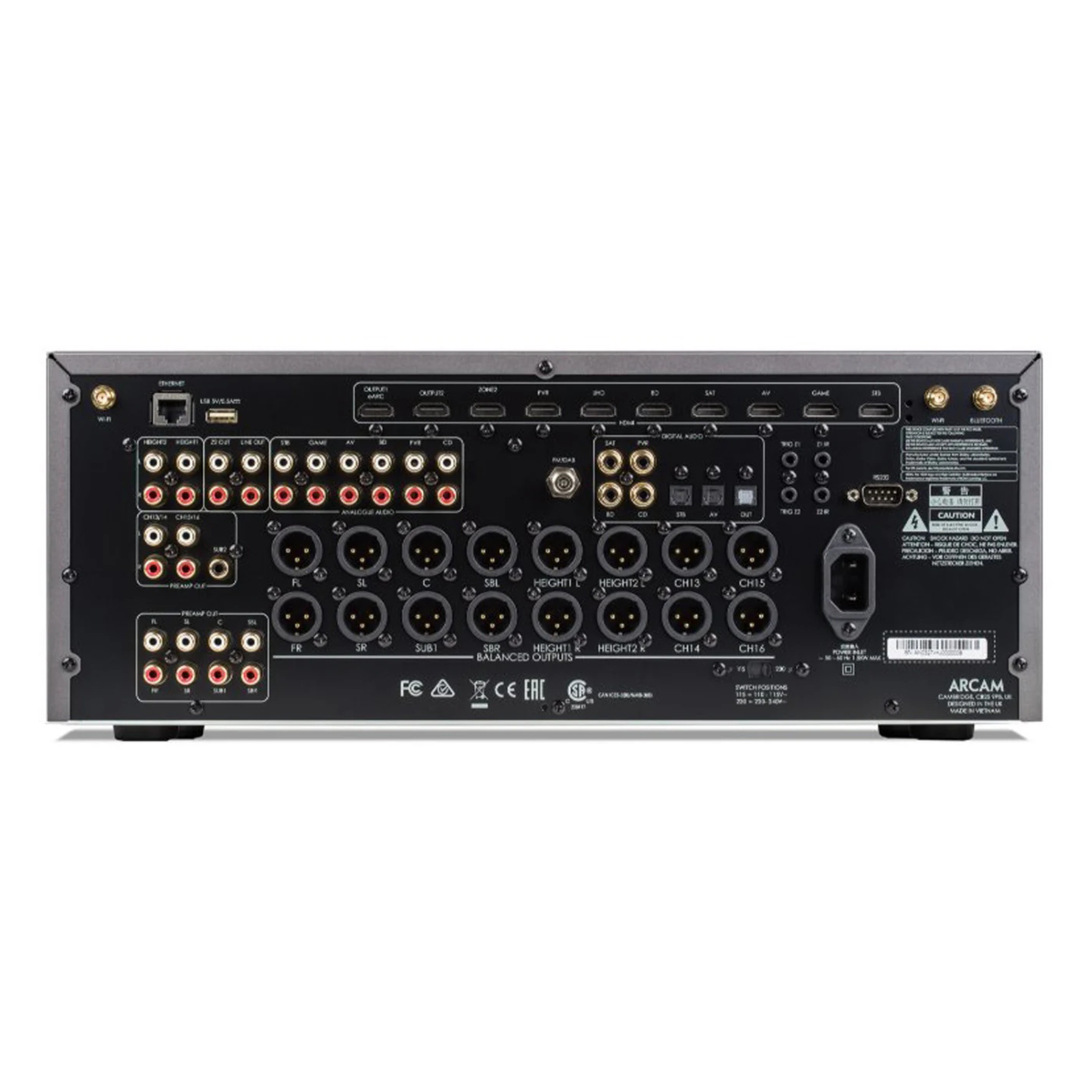 Back panel of an Arcam AV41 8K Home Theatre Preamplifier/Processor with various connectors on a white background