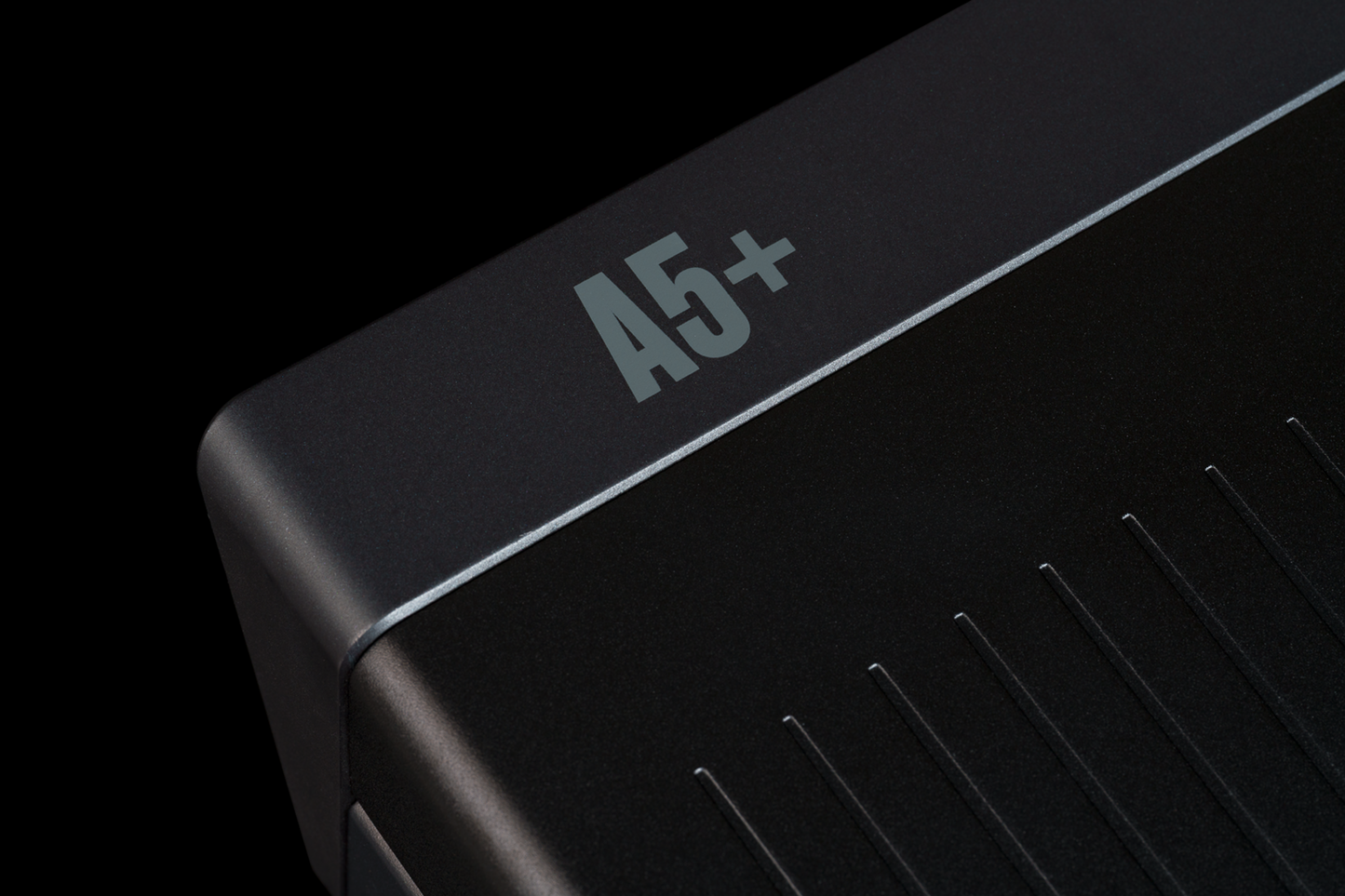 Close up of Arcam A5+ Integrated Amplifier showing A5+ Logo