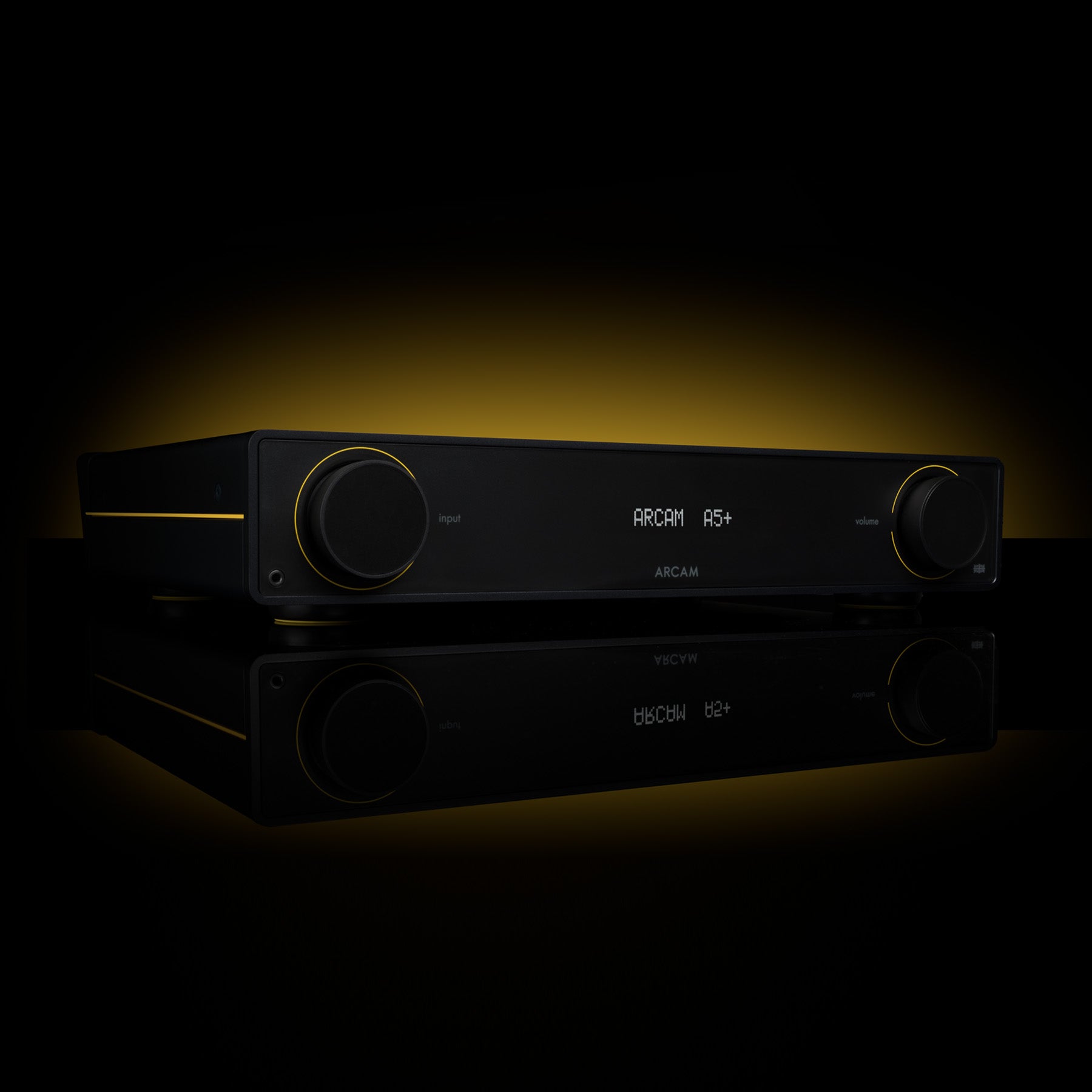 Arcam A5+ Integrated Amplifier with black and yellow background