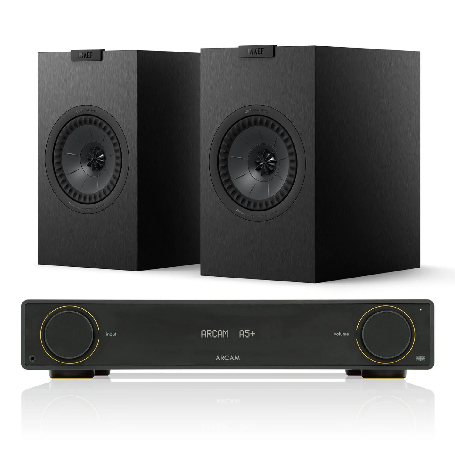 Arcam A5+ Amplifier + KEF Q1 Meta Stereo System with black speakers