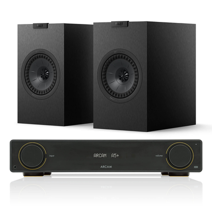 Arcam A5+ Amplifier + KEF Q1 Meta Stereo System with black speakers