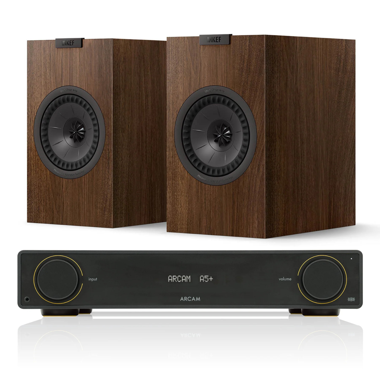 Arcam A5+ Amplifier + KEF Q1 Meta Stereo System with walnut speakers